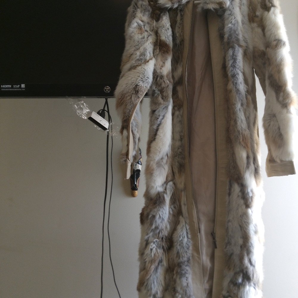 VINTAGE RABBIT MUTI COLOR FUR AND LEATHER COAT  (NEW WITHOUT TAG)